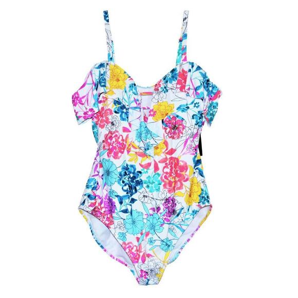 New Kenneth Cole Women's Plus Cold Shoulder Ruffle Floral One-Piece Swimsuit - Picture 4 of 9